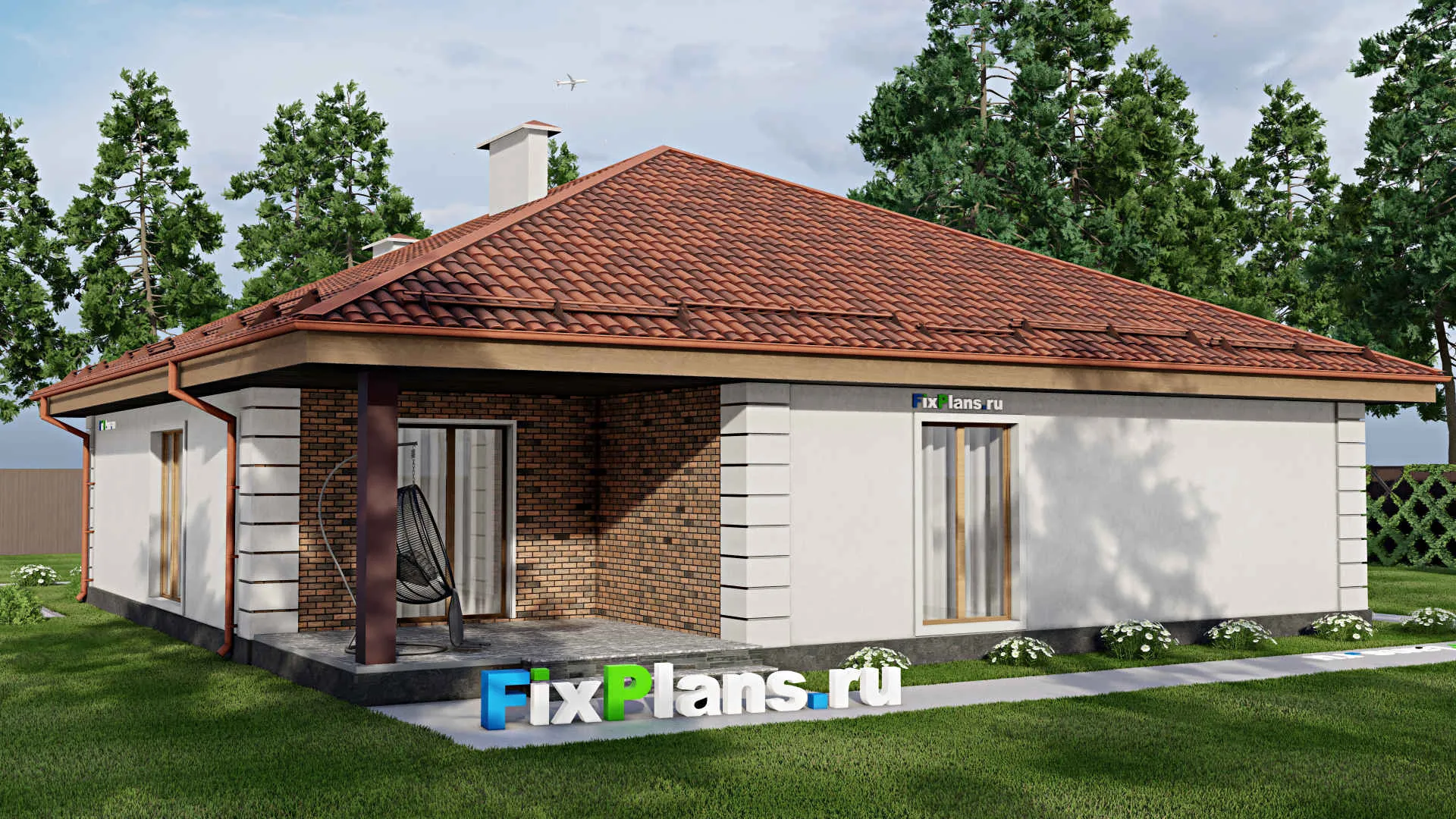 F-9233 - Проект одноэтажного дома 15 на 15, площадью 170 м² с террасой и 4 спальнями