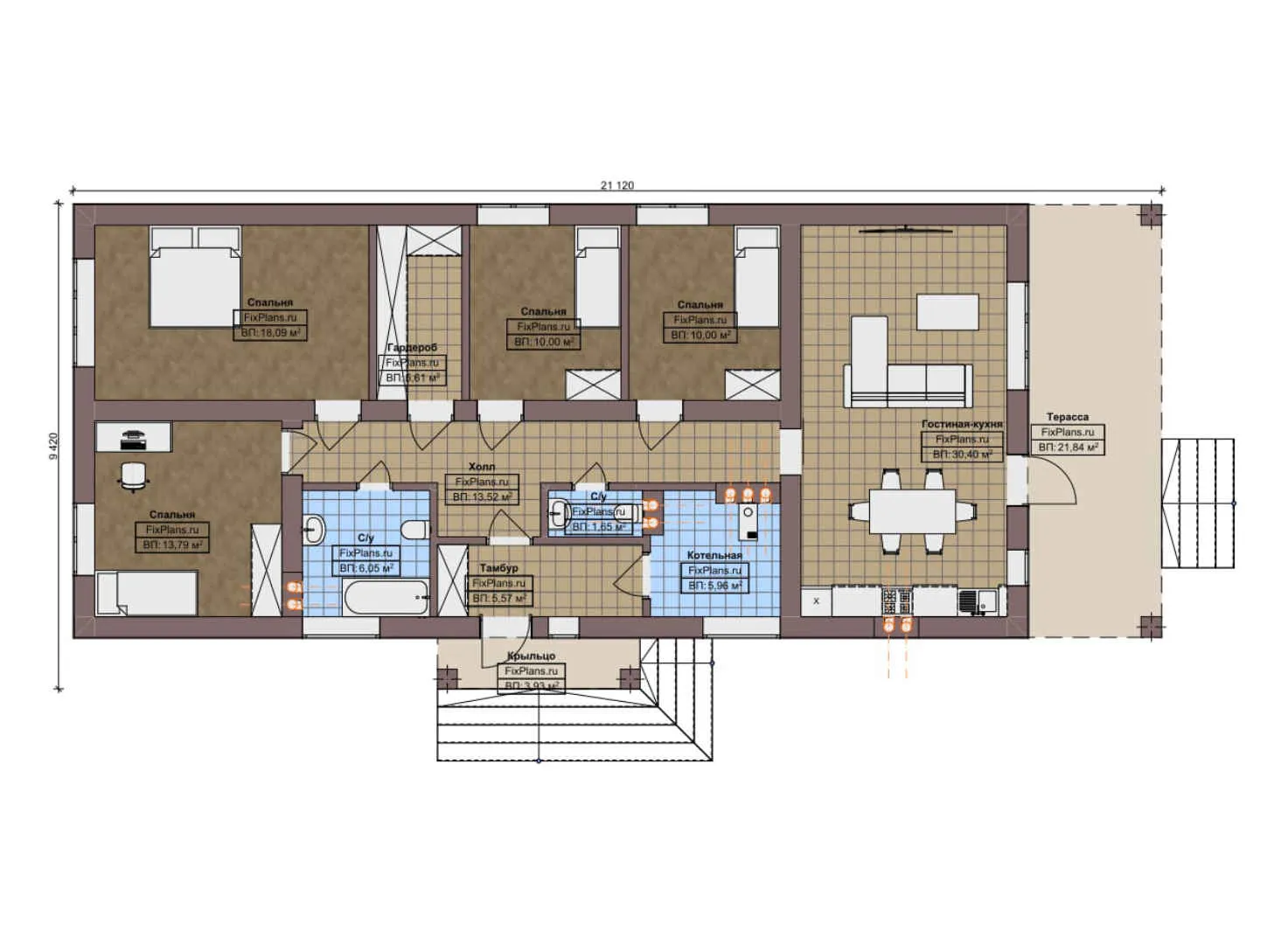F-8810 - План одноэтажного дома 10 на 22, площадью 150 м² с террасой и 4 спальнями
