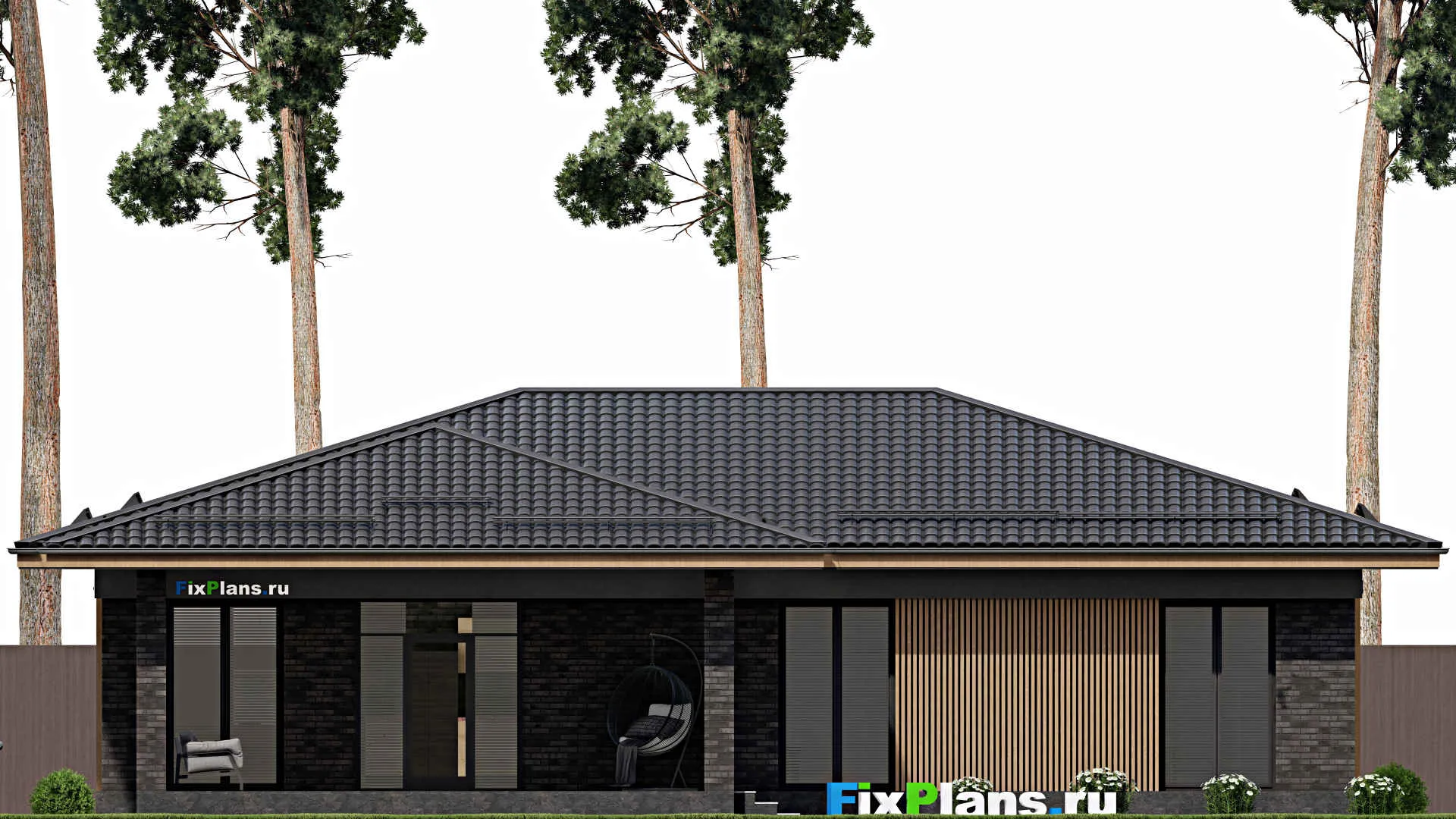 F-1979 - План одноэтажного дома 13 на 17, площадью 200 м² с террасой и 3 спальнями