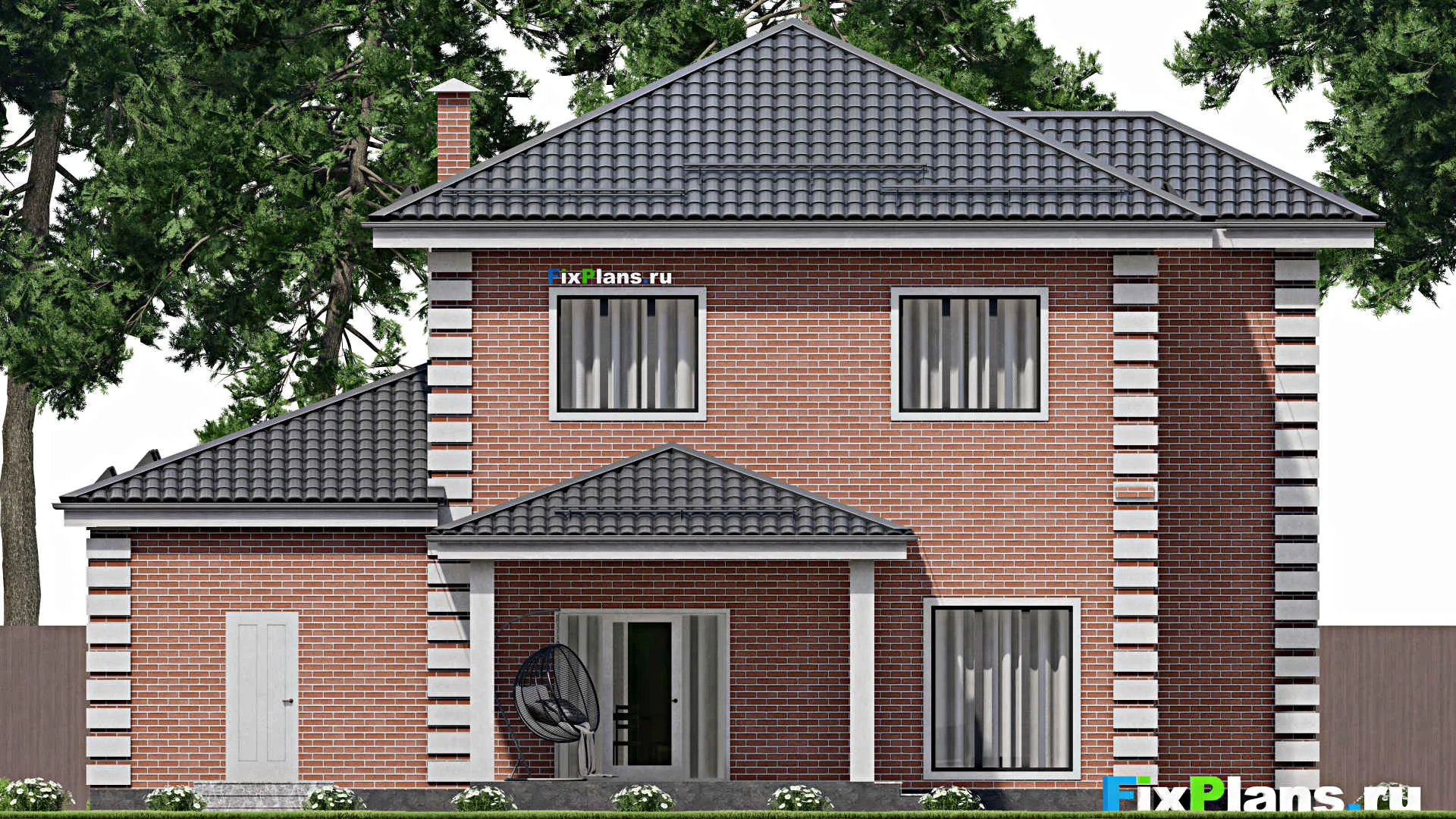 F-3608 - Проект двухэтажного дома 15 на 16, площадью 270 м² с террасой, балконом, гаражом на 2 машины и 4 спальнями