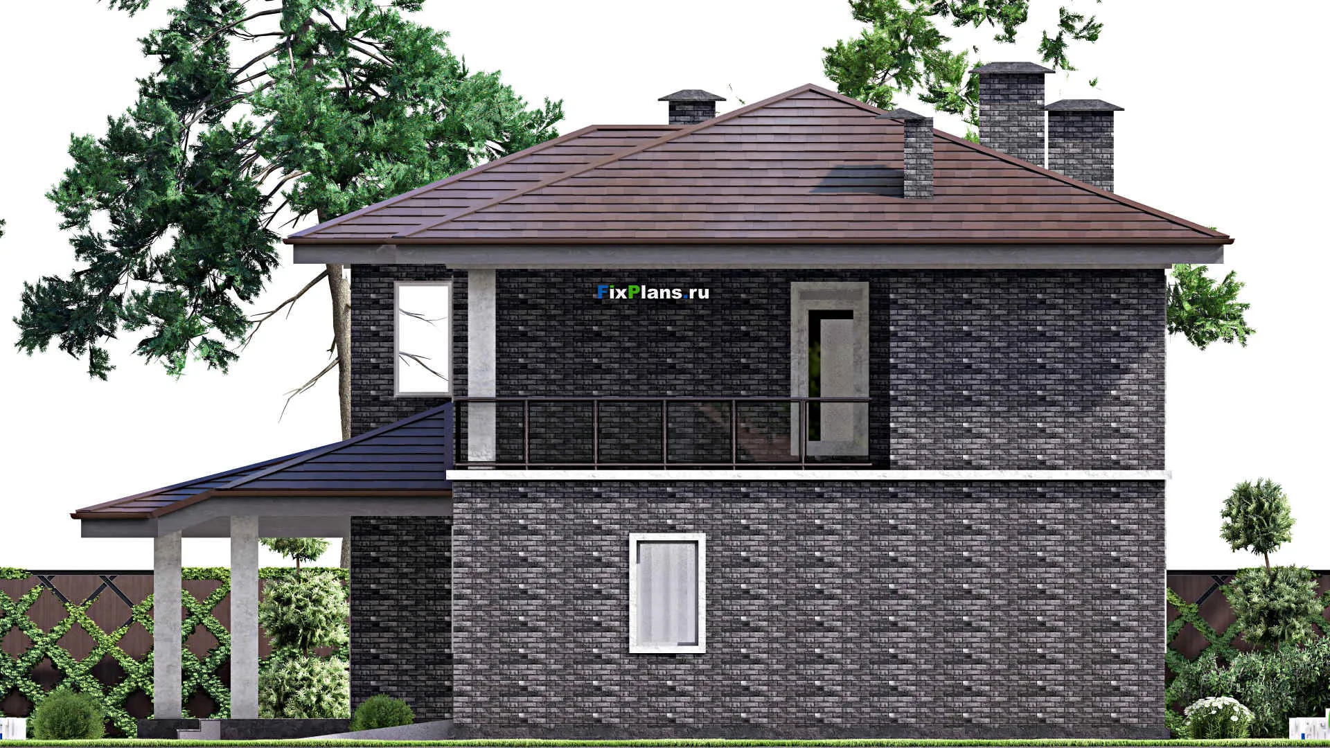 F-9521 - Проект двухэтажного дома 15 на 17, площадью 290 м² с террасой, балконом, баней, гаражом на 1 машину и 3 спальнями