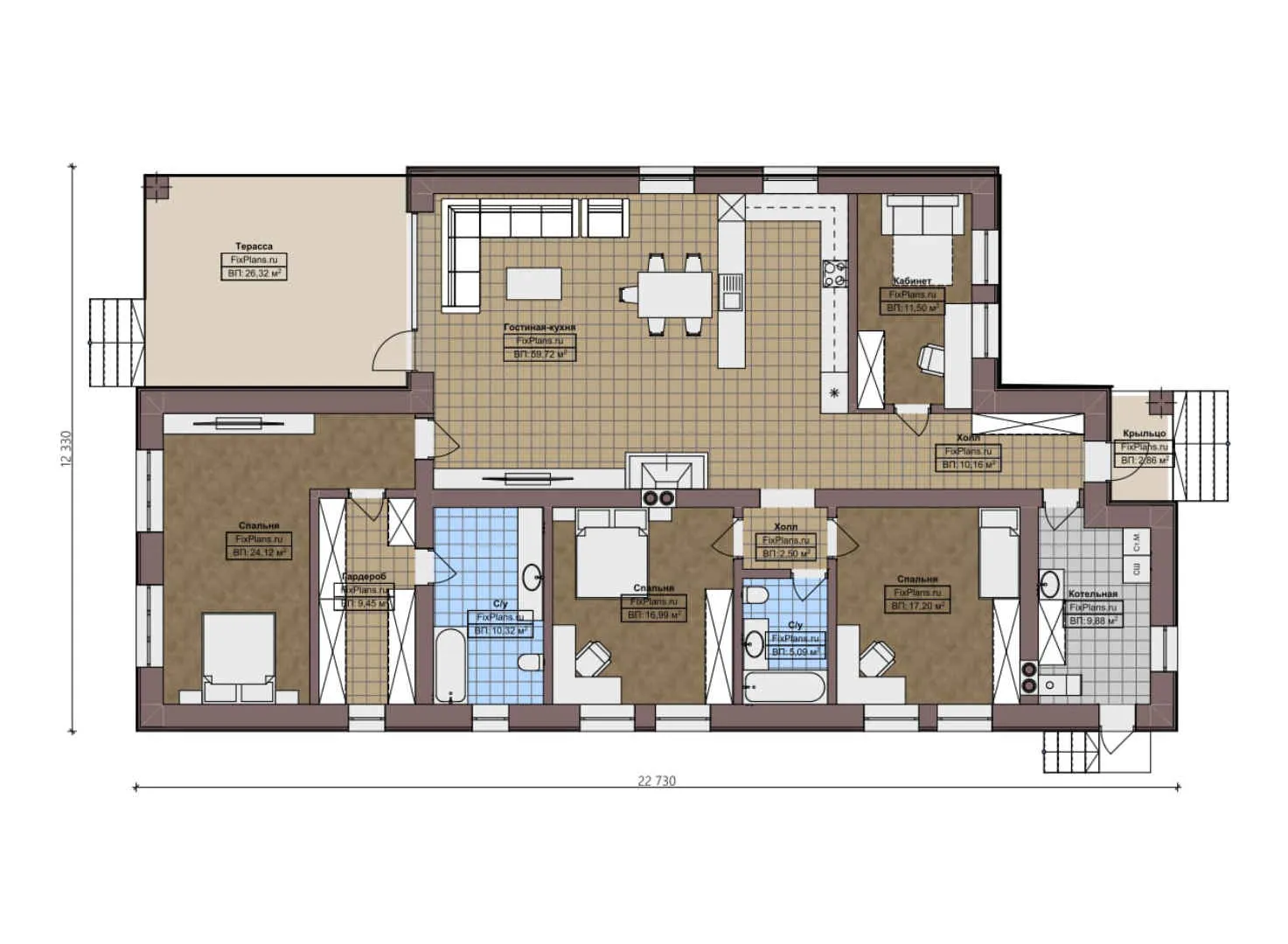 F-2042 - План одноэтажного дома 13 на 23, площадью 210 м² с террасой и 3 спальнями