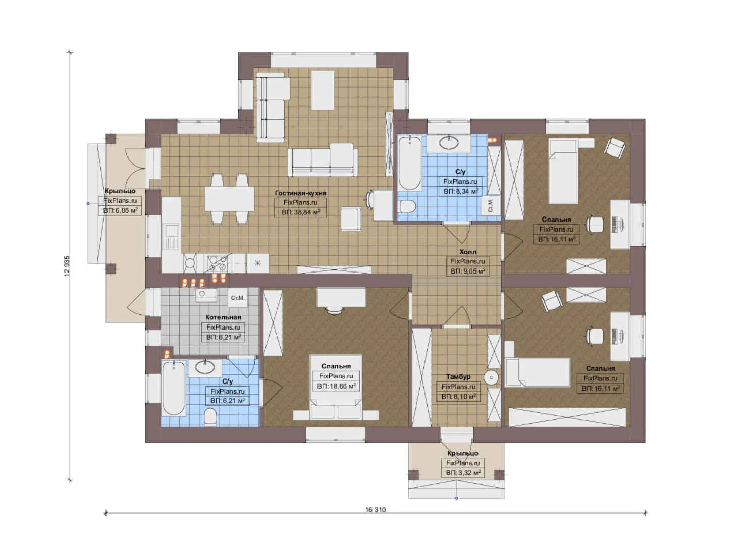 F-14777 - План одноэтажного дома 13 на 17, площадью 140 м² с 3 спальнями