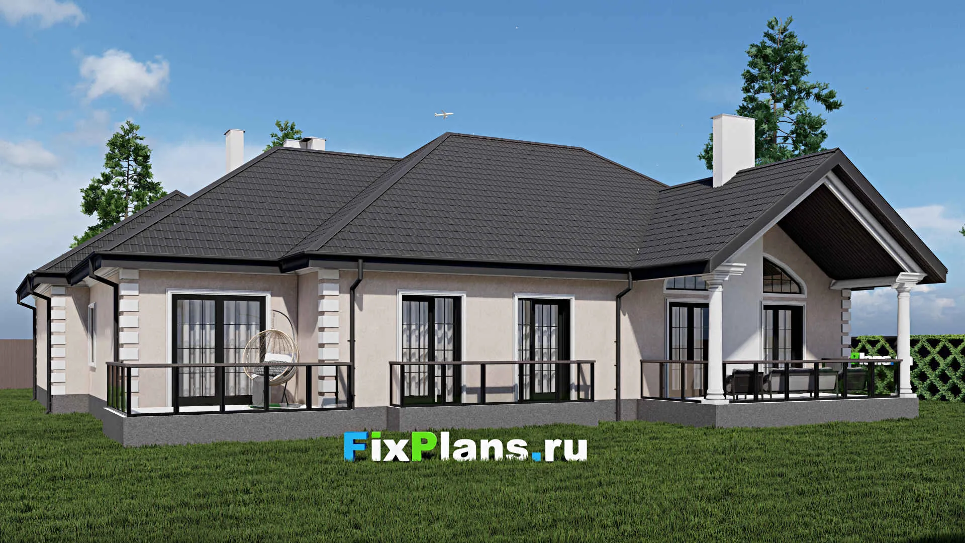 F-0179 - План одноэтажного дома 18 на 21, площадью 280 м² с террасой, гаражом на 2 машины и 1 спальнями