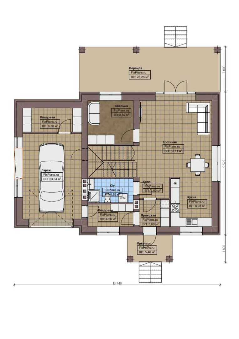 F-1268 - Планы дома с мансардой 10 на 14, площадью 230 м² с террасой, балконом, гаражом на 1 машину и 5 спальнями