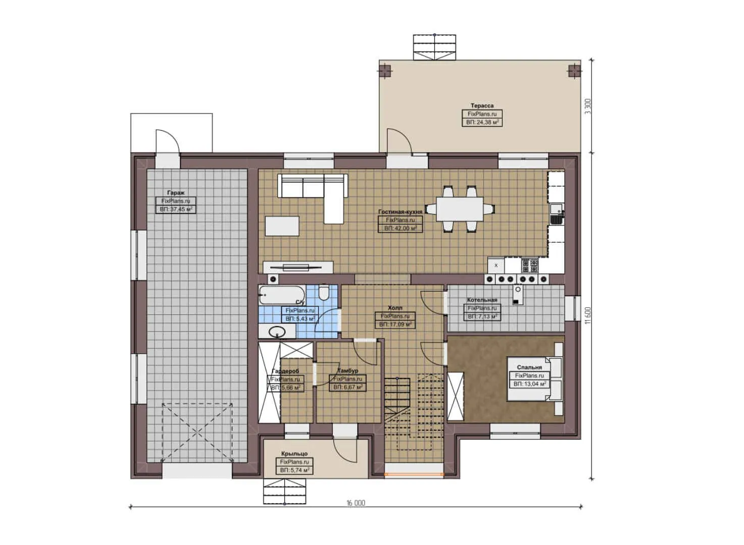 F-5345 - Планы двухэтажного дома 12 на 16, площадью 220 м² с гаражом на 1 машину и 4 спальнями