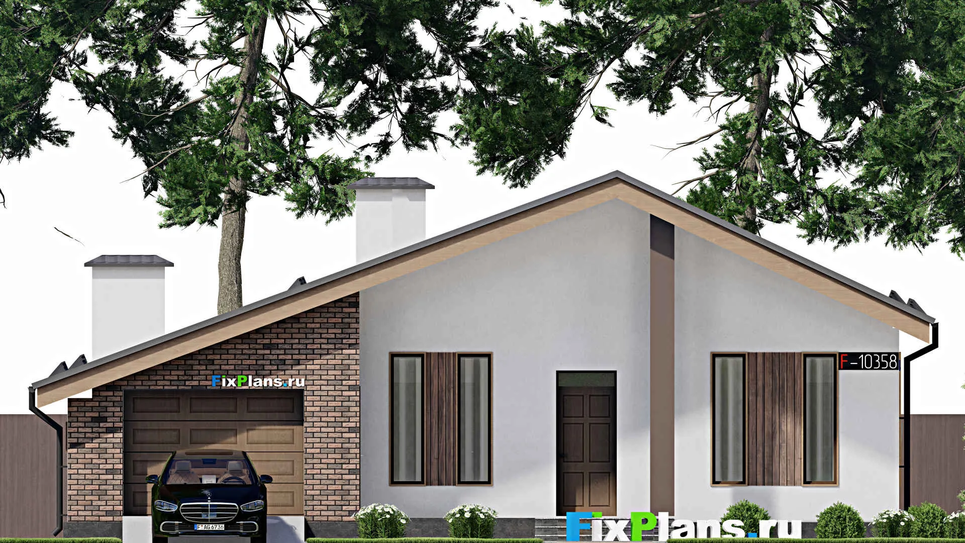 F-10358 - Проект одноэтажного дома 14 на 18, площадью 170 м² с террасой, гаражом на 1 машину и 3 спальнями