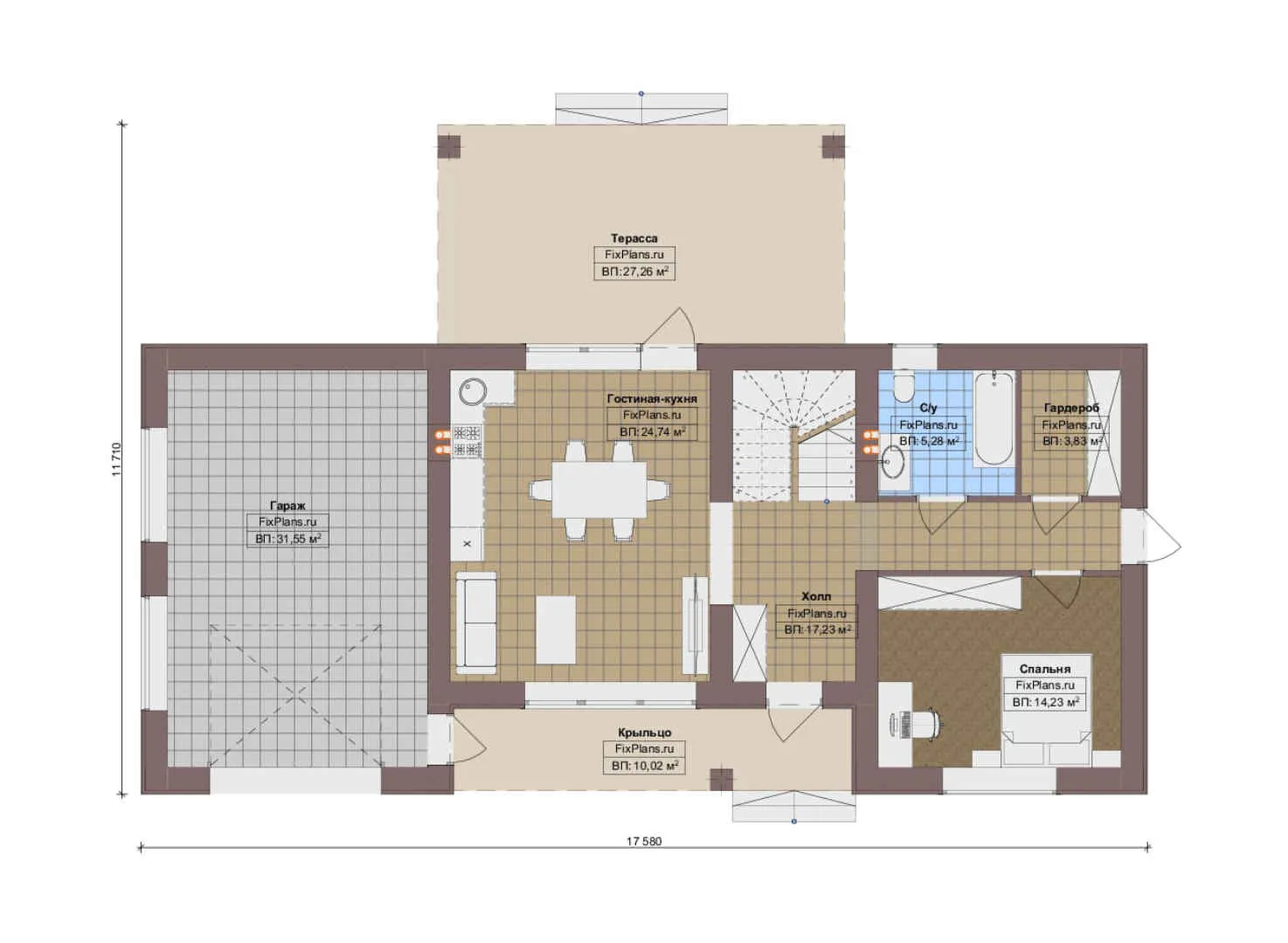 F-13094 - Планы дома с мансардой 12 на 18, площадью 230 м² с террасой, балконом, гаражом на 1 машину и 4 спальнями