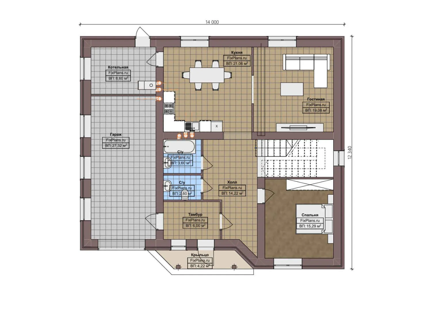 F-4598 - Планы дома с мансардой 13 на 14, площадью 210 м² с гаражом на 1 машину и 3 спальнями