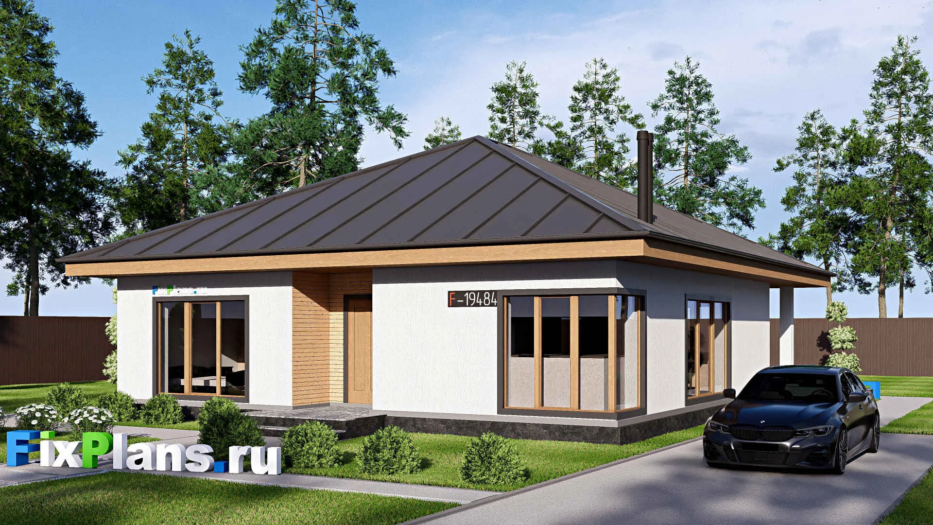 F-19484 - Проект одноэтажного дома 14 на 15, площадью 140 м² с террасой и 3 спальнями