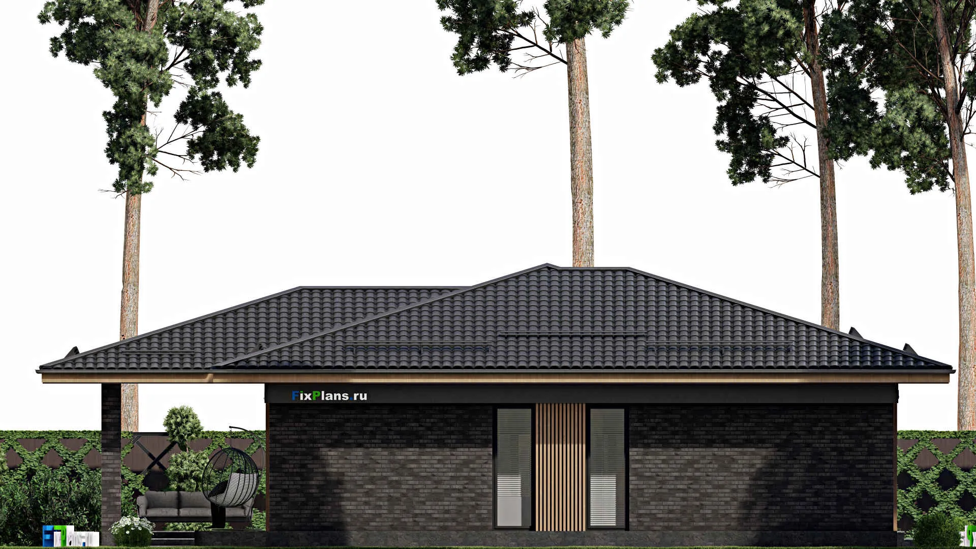 F-1979 - План одноэтажного дома 13 на 17, площадью 200 м² с террасой и 3 спальнями