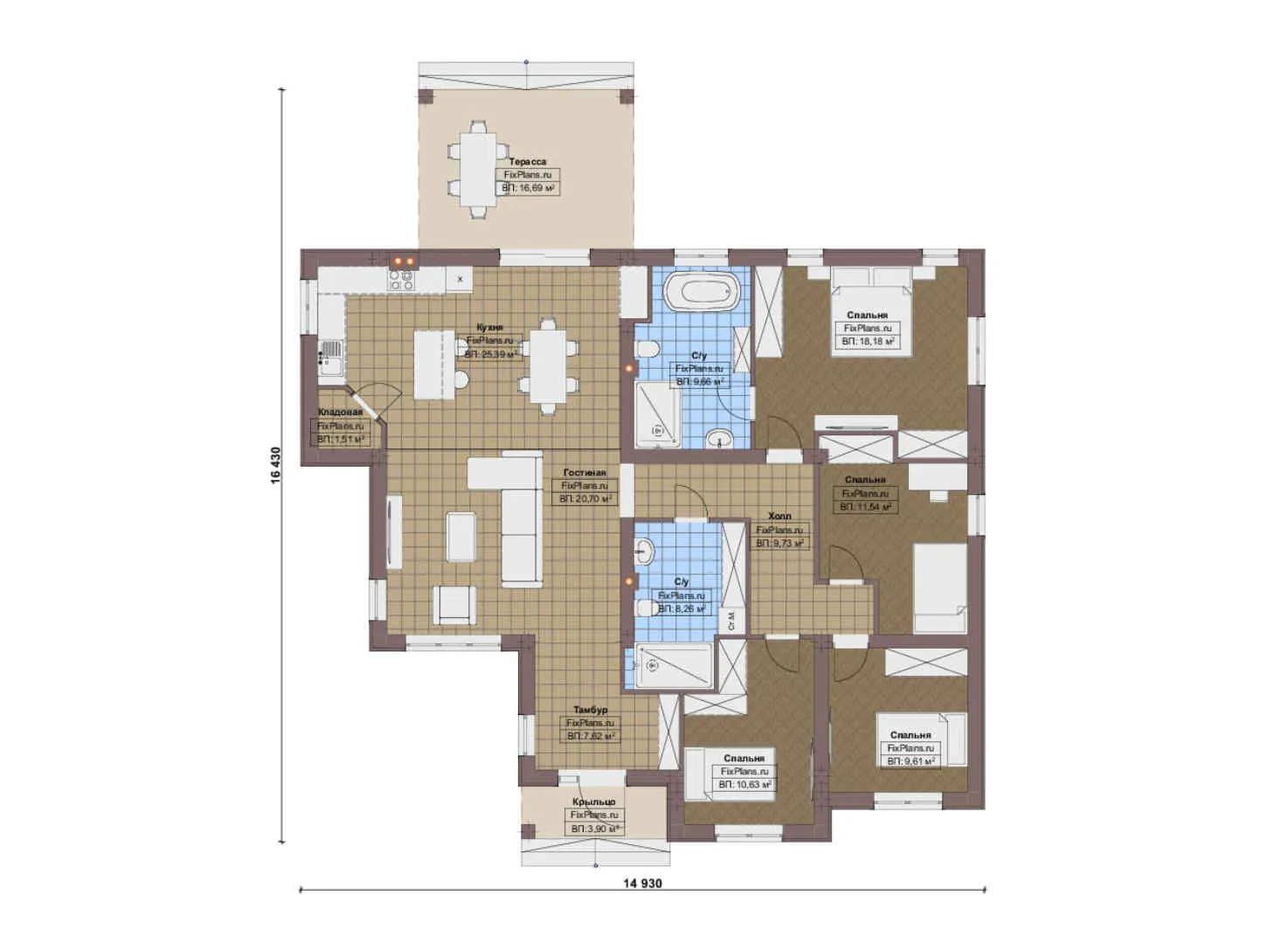 F-16415 - План одноэтажного дома 15 на 17, площадью 160 м² с 4 спальнями