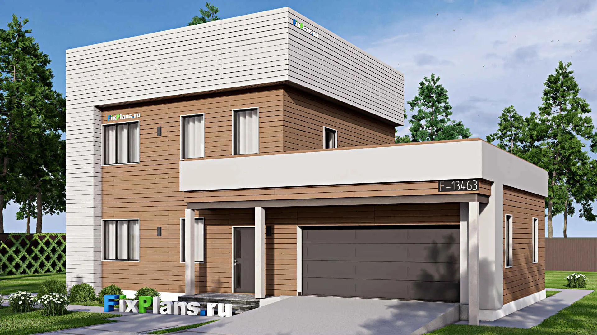 F-13463 - Проект двухэтажного дома 11 на 15, площадью 190 м² с балконом, гаражом на 2 машины и 3 спальнями