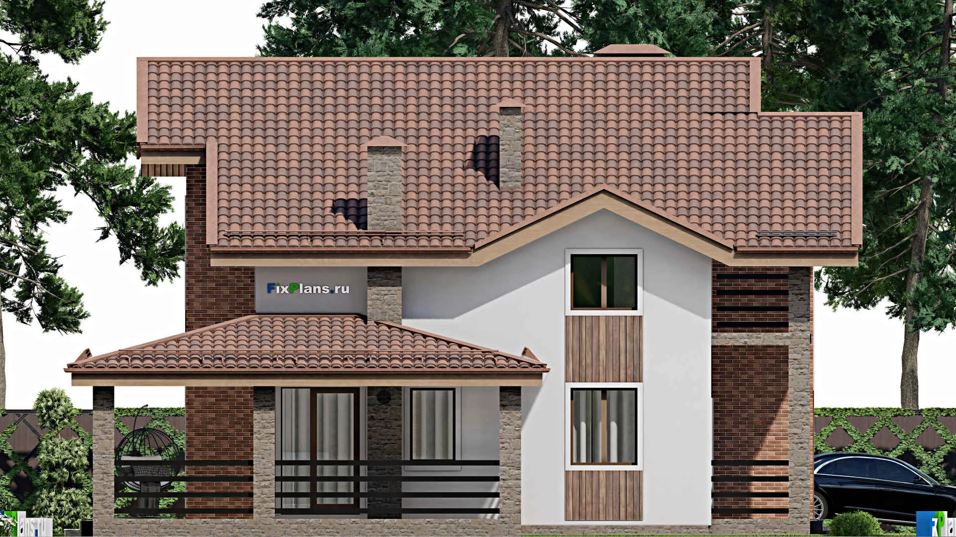 F-10520 - Проект дома с мансардой 14 на 22, площадью 270 м² с террасой, балконом, гаражом на 2 машины и 4 спальнями