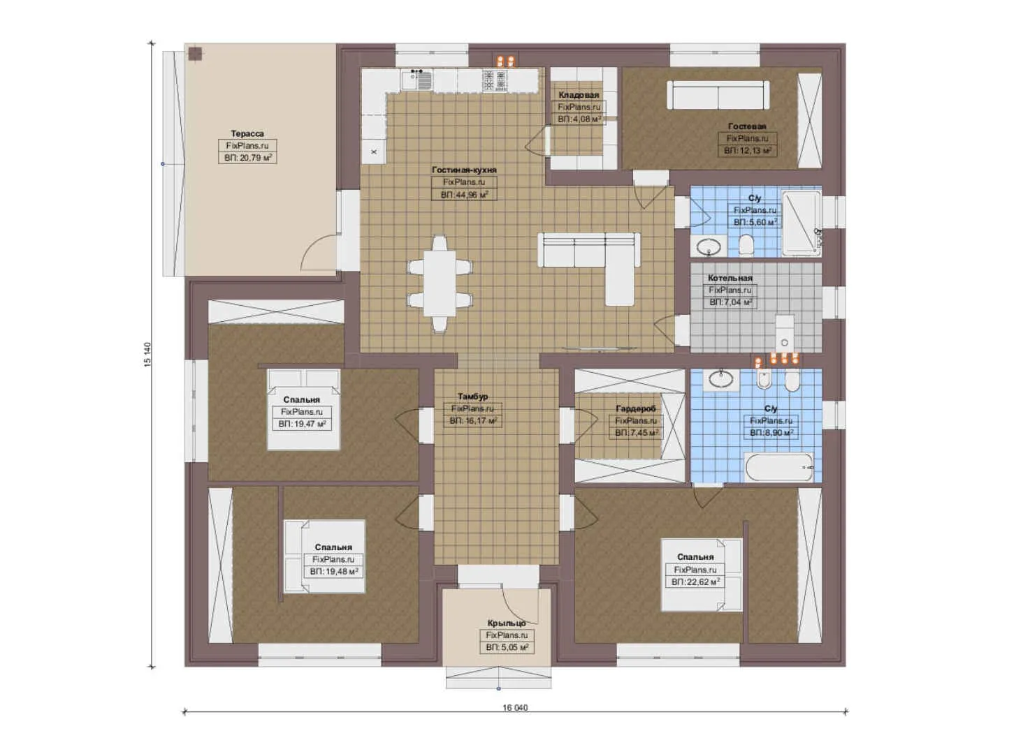 F-14615 - План одноэтажного дома 16 на 17, площадью 200 м² с террасой и 3 спальнями