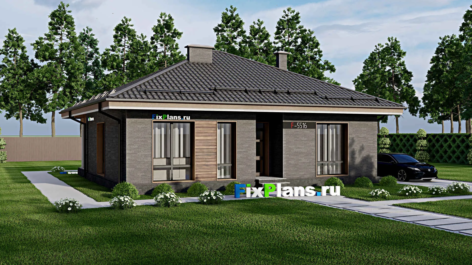 F-5516 - Проект одноэтажного дома 12 на 12, площадью 110 м² с террасой и 2 спальнями