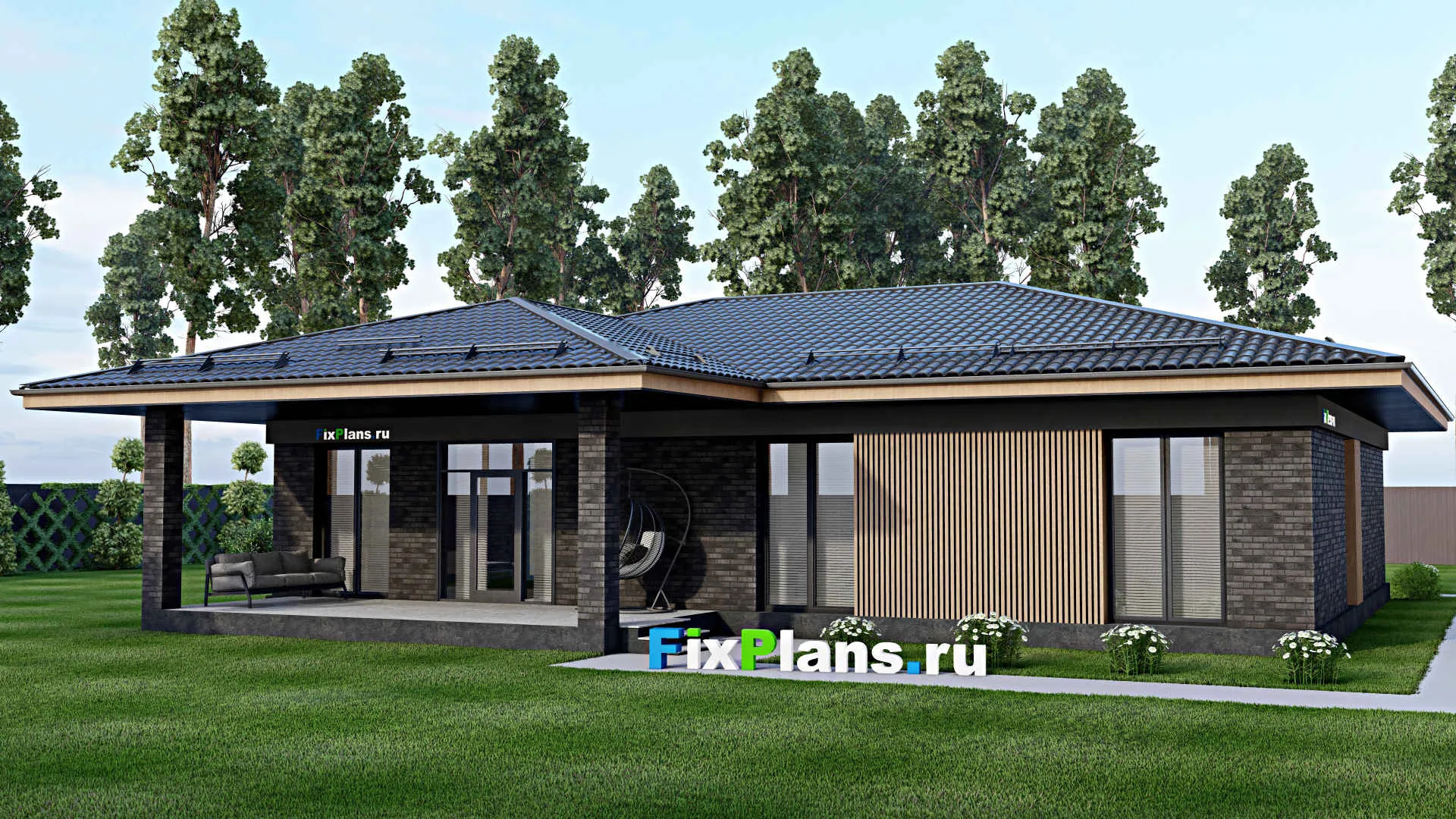 F-1979 - План одноэтажного дома 13 на 17, площадью 200 м² с террасой и 3 спальнями