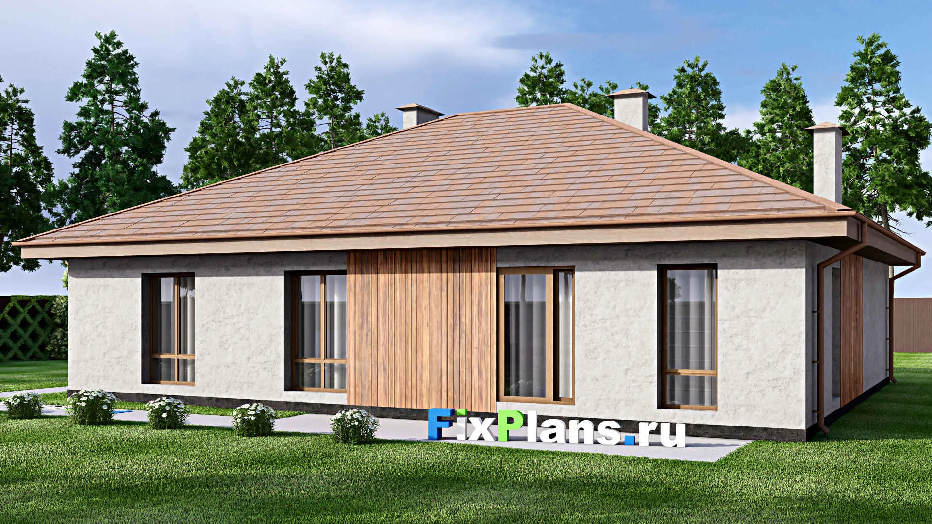 F-12212 - Проект одноэтажного дома 15 на 16, площадью 170 м² с гаражом на 2 машины и 3 спальнями