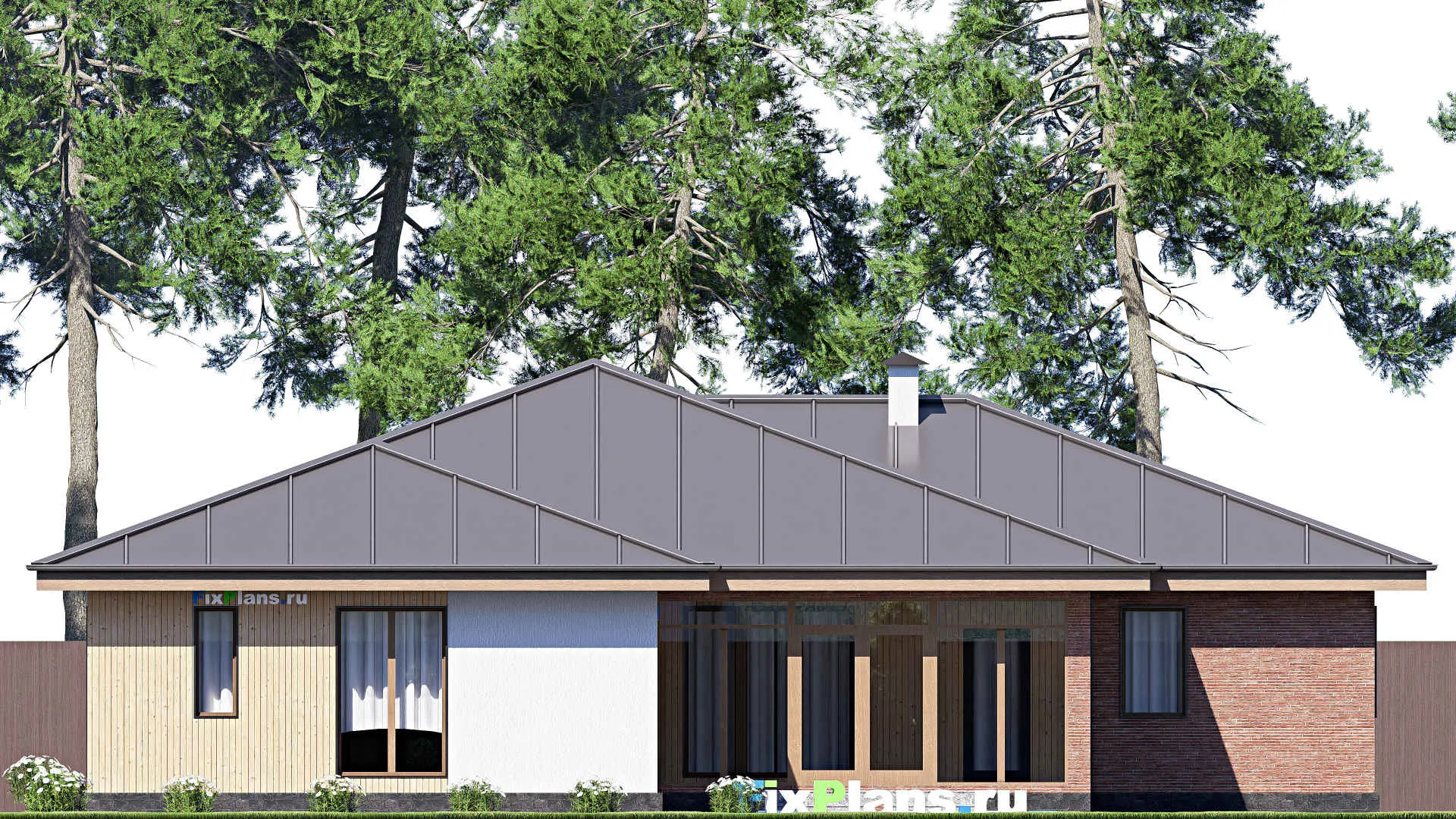 F-18692 - Проект одноэтажного дома 18 на 23, площадью 260 м² с террасой, баней, гаражом на 2 машины и 4 спальнями