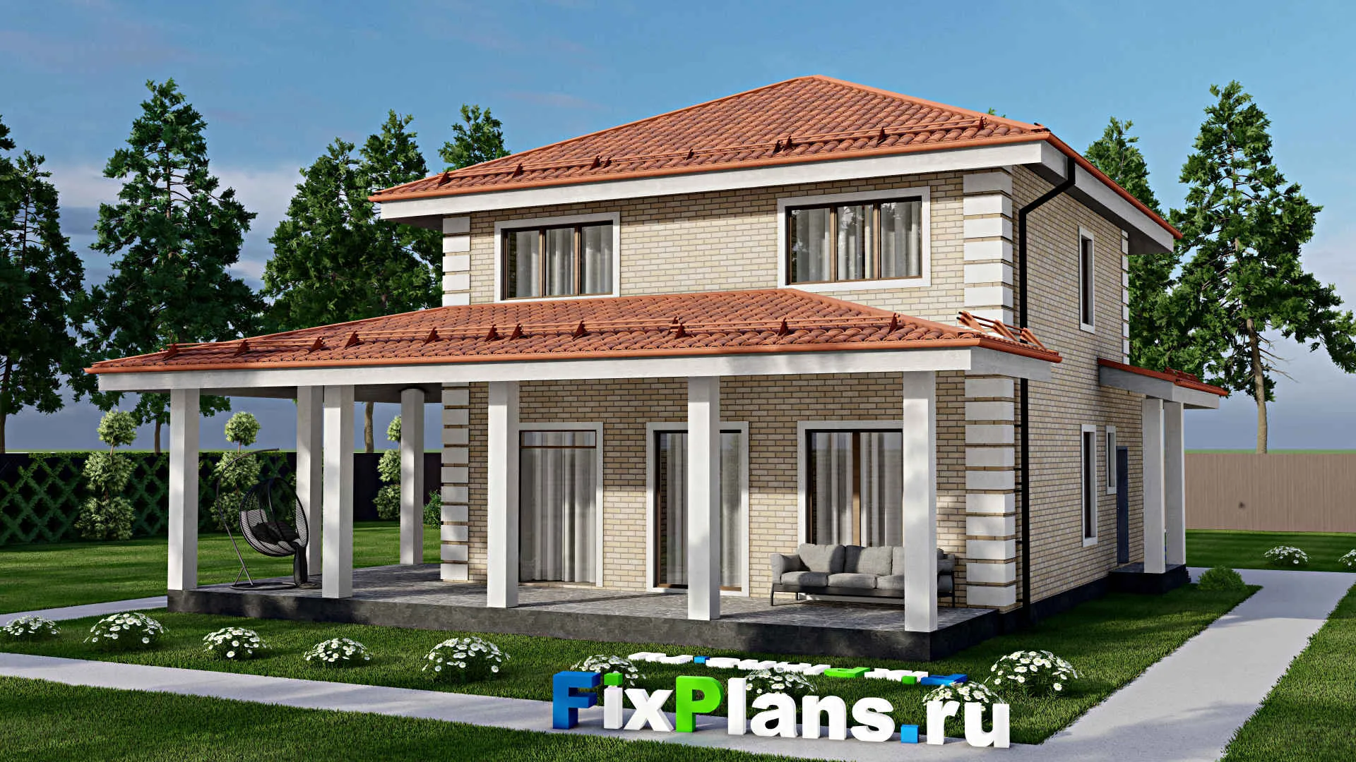 F-9539 - Проект двухэтажного дома 13 на 16, площадью 180 м² с террасой и 4 спальнями