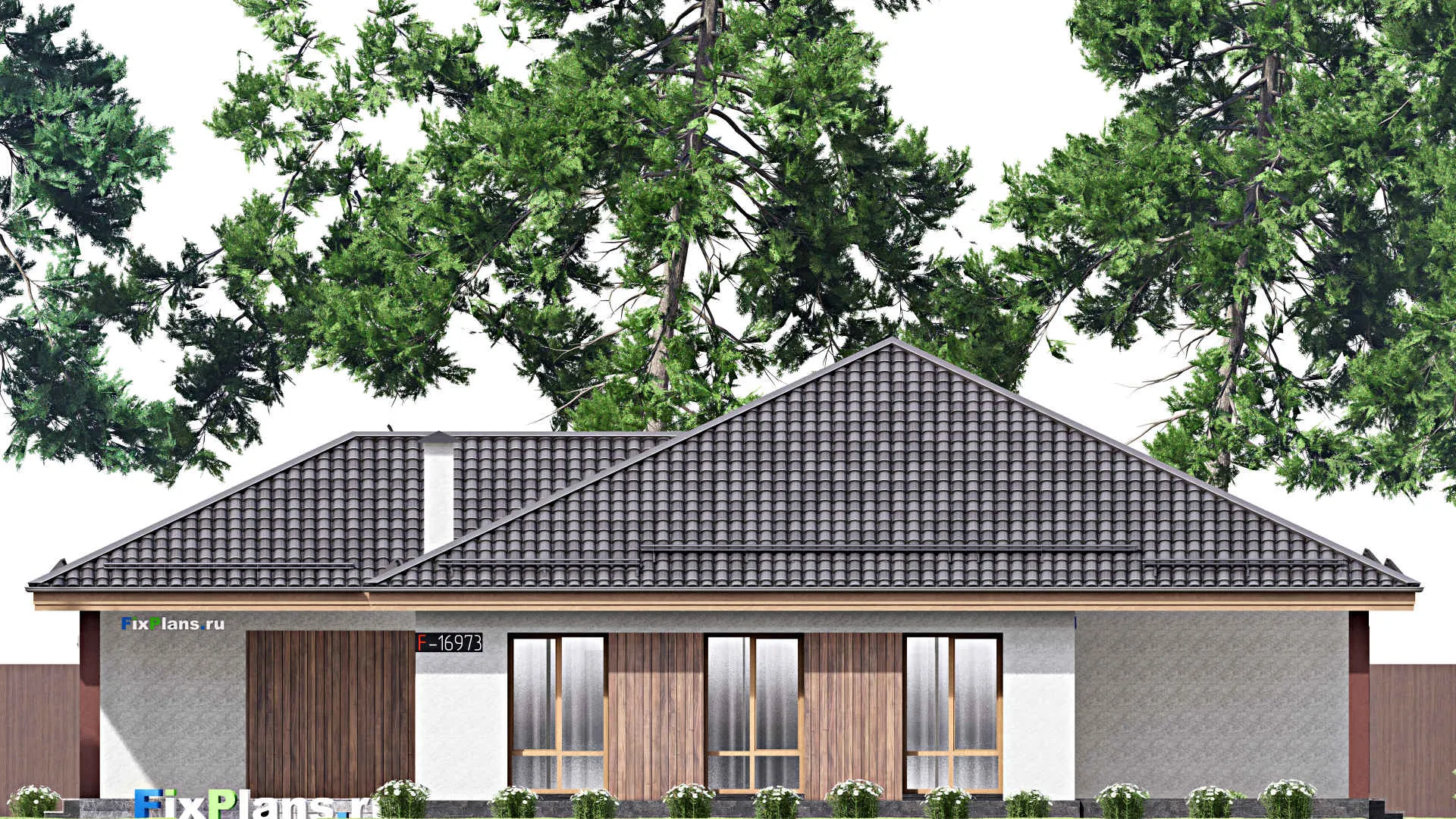 F-16973 - Проект одноэтажного дома 15 на 20, площадью 200 м² с террасой и 3 спальнями