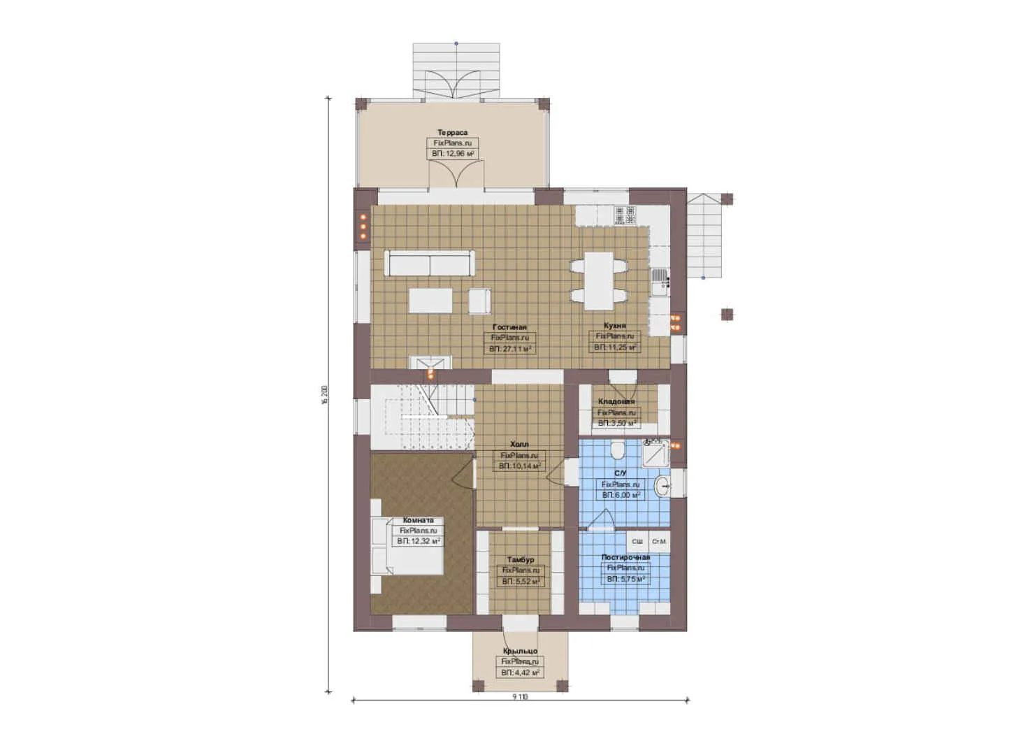 F-18188 - Планы двухэтажного дома 10 на 17, площадью 240 м² с террасой, цокольным этажом и 3 спальнями
