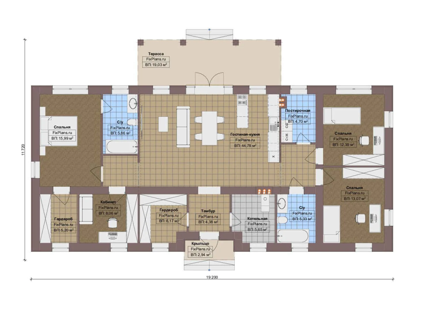 F-13931 - План одноэтажного дома 12 на 20, площадью 160 м² с террасой и 3 спальнями