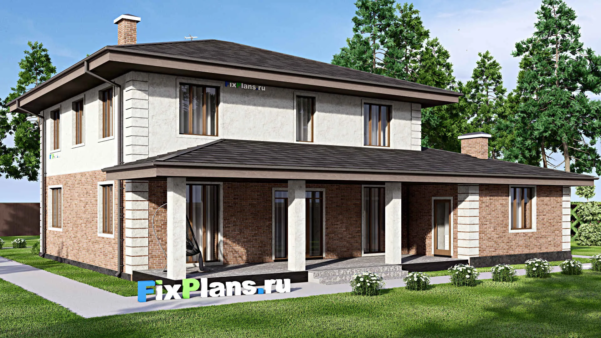 F-14543 - Проект двухэтажного дома 17 на 18, площадью 310 м² с террасой, баней, спортзалом и 6 спальнями