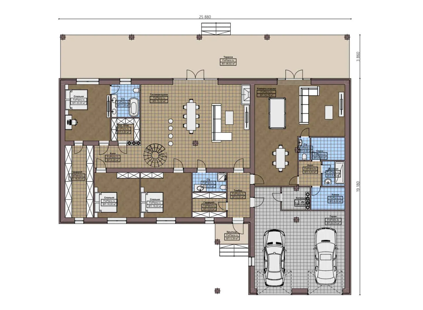 F-4364 - План одноэтажного дома 20 на 26, площадью 440 м² с террасой, баней, гаражом на 2 машины и 3 спальнями