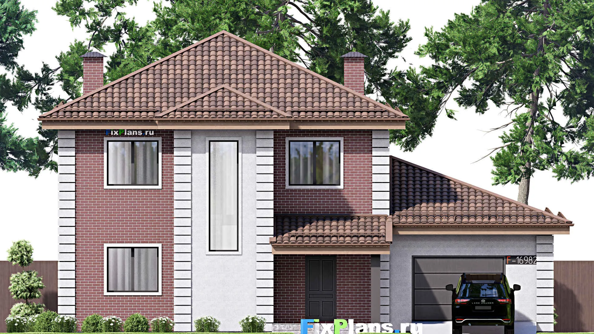 F-16982 - Проект двухэтажного дома 14 на 16, площадью 220 м² с гаражом на 2 машины и 4 спальнями