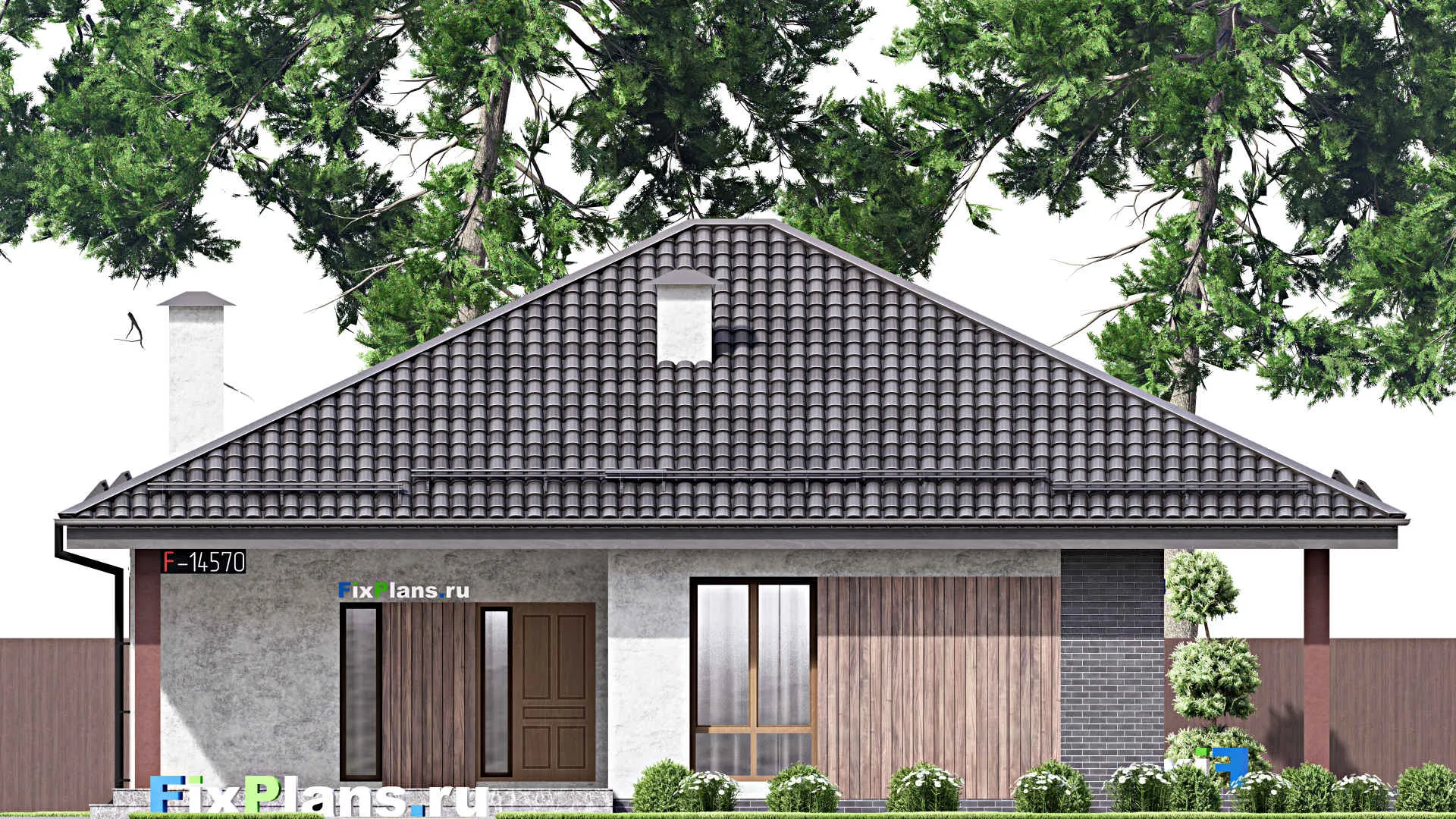 F-14570 - Проект одноэтажного дома 17 на 17, площадью 220 м² с террасой и 2 спальнями