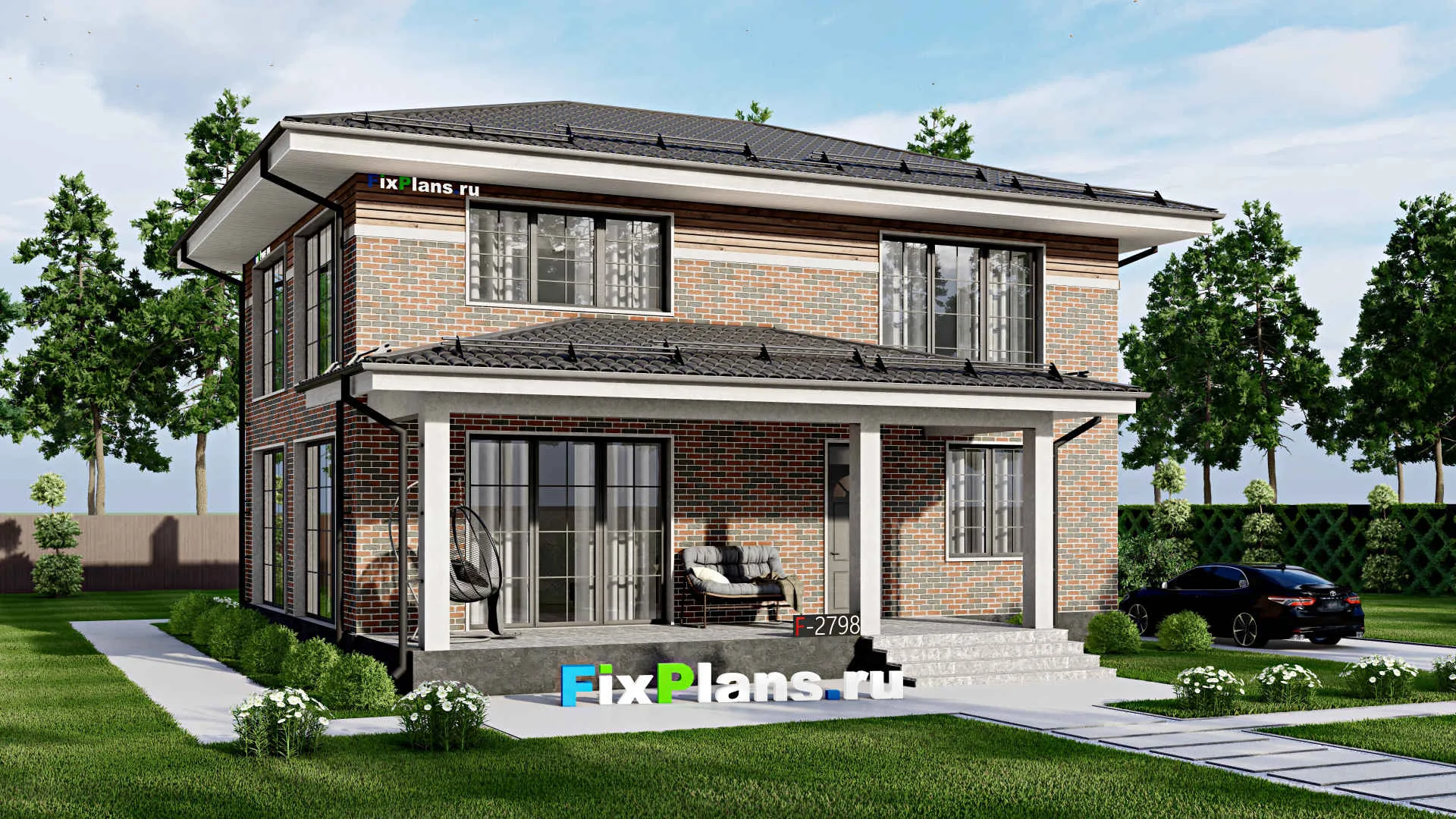 F-2798 - Проект двухэтажного дома 10 на 13, площадью 210 м² с террасой и 4 спальнями