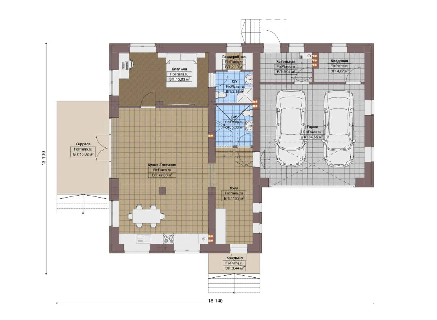 F-19106 - Планы дома с мансардой 14 на 19, площадью 190 м² с террасой, гаражом на 1 машину и 2 спальнями