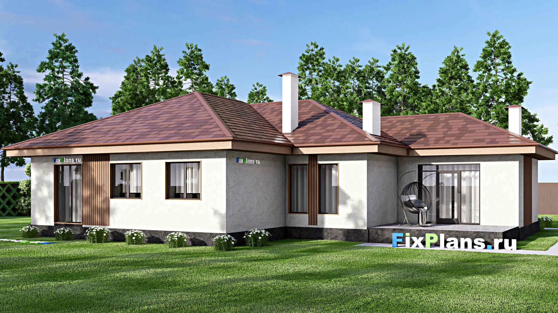 F-13769 - Проект одноэтажного дома 14 на 20, площадью 160 м² с гаражом на 1 машину и 3 спальнями