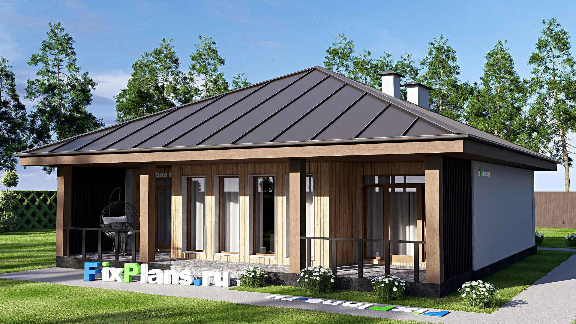 F-17585 - Проект одноэтажного дома 13 на 14, площадью 130 м² с террасой и 3 спальнями