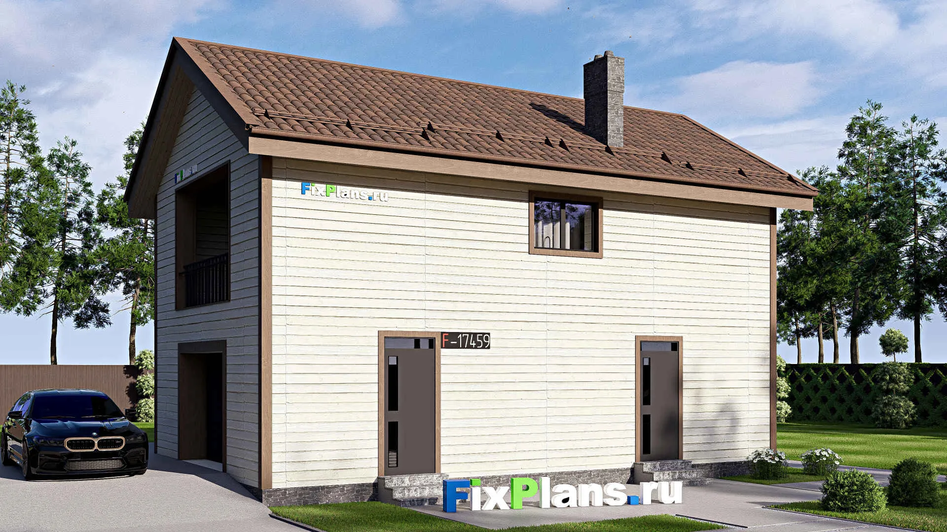 F-17459 - Проект дома с мансардой 7 на 12, площадью 110 м² с гаражом на 2 машины и 1 спальнями