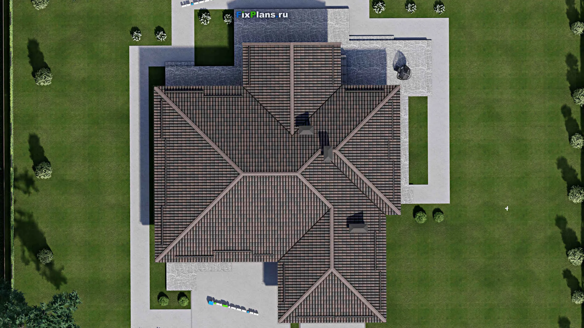 F-6434 - Проект одноэтажного дома 18 на 21, площадью 330 м² с террасой, гаражом на 2 машины и 4 спальнями