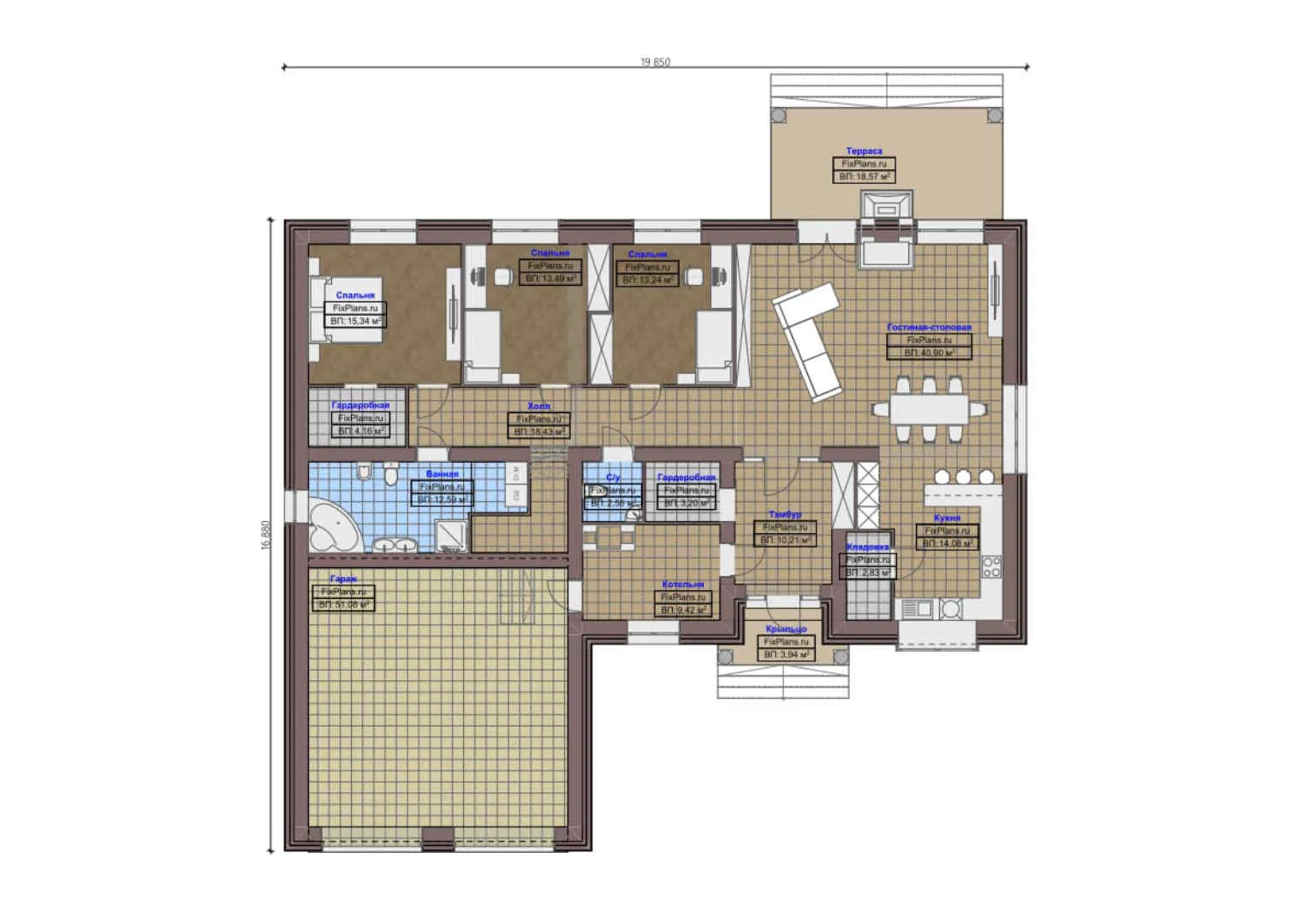 F-0026 - Планы дома с мансардой 17 на 20, площадью 330 м² с террасой, гаражом на 2 машины и 3 спальнями