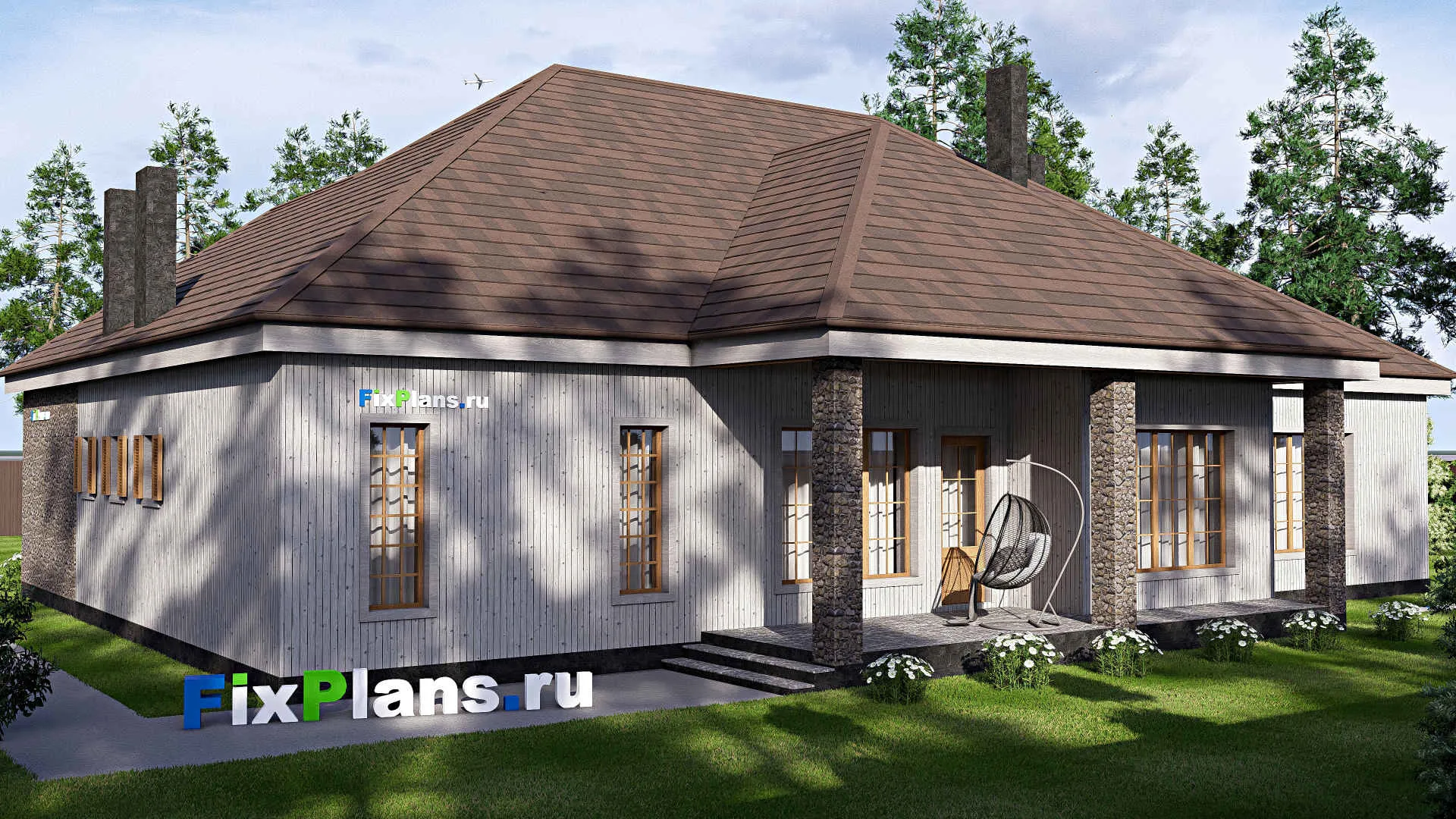 F-17135 - Проект дома с мансардой 22 на 22, площадью 340 м² с террасой, гаражом на 2 машины и 4 спальнями