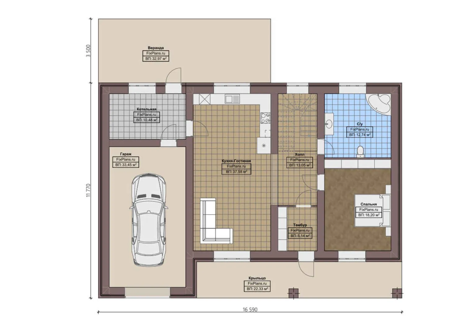 F-0260 - Планы двухэтажного дома 12 на 17, площадью 280 м² с террасой, балконом, гаражом на 1 машину и 4 спальнями