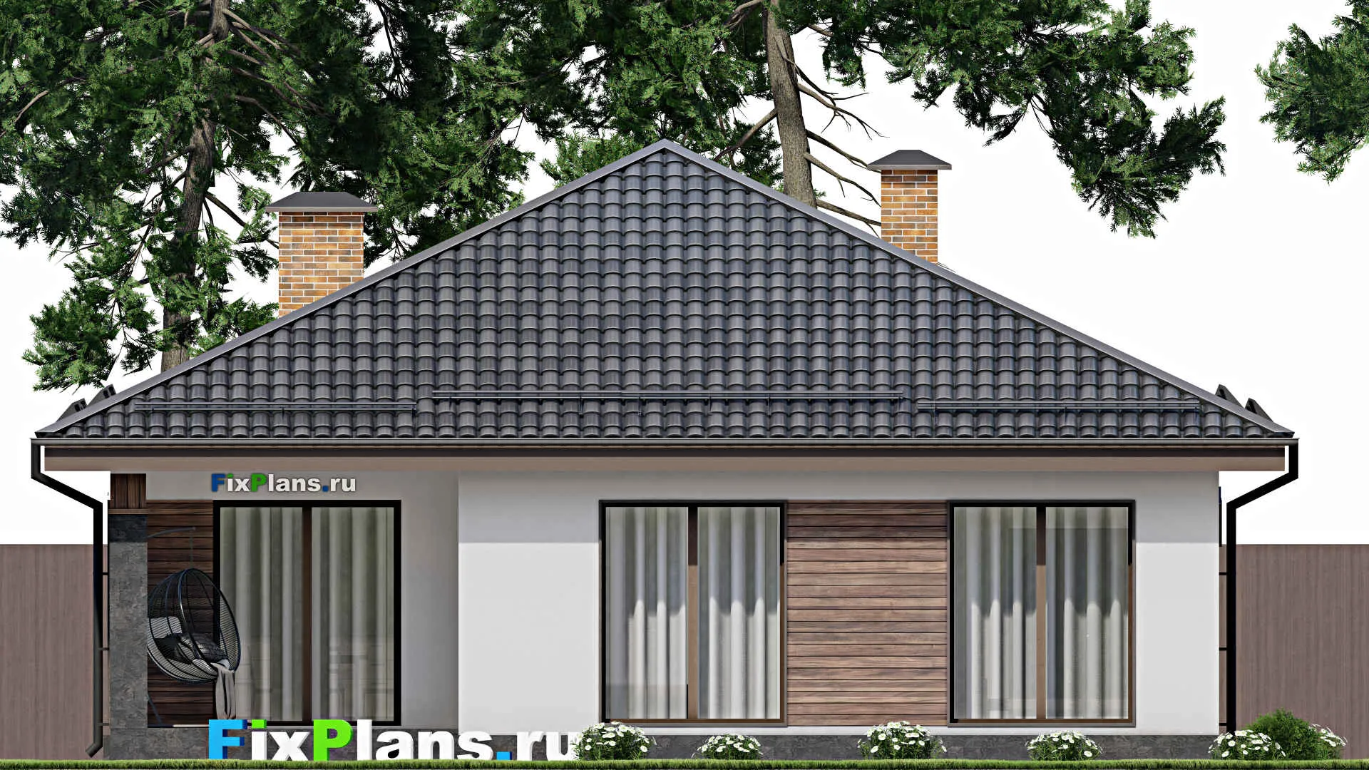 F-9134 - Проект одноэтажного дома 12 на 17, площадью 150 м² с террасой, гаражом на 1 машину и 3 спальнями