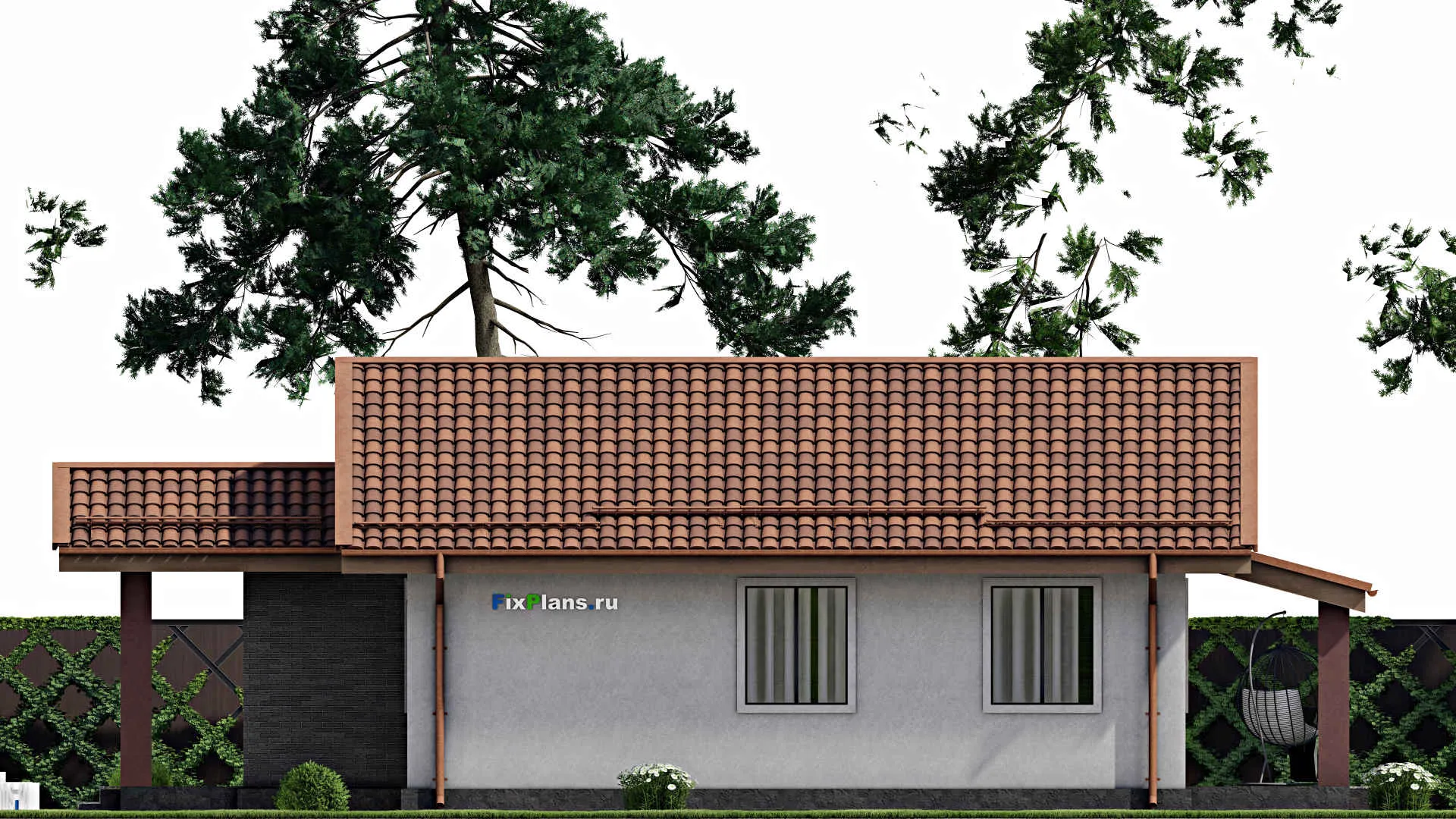 F-11357 - Проект одноэтажного дома 8 на 15, площадью 80 м² с террасой и 3 спальнями