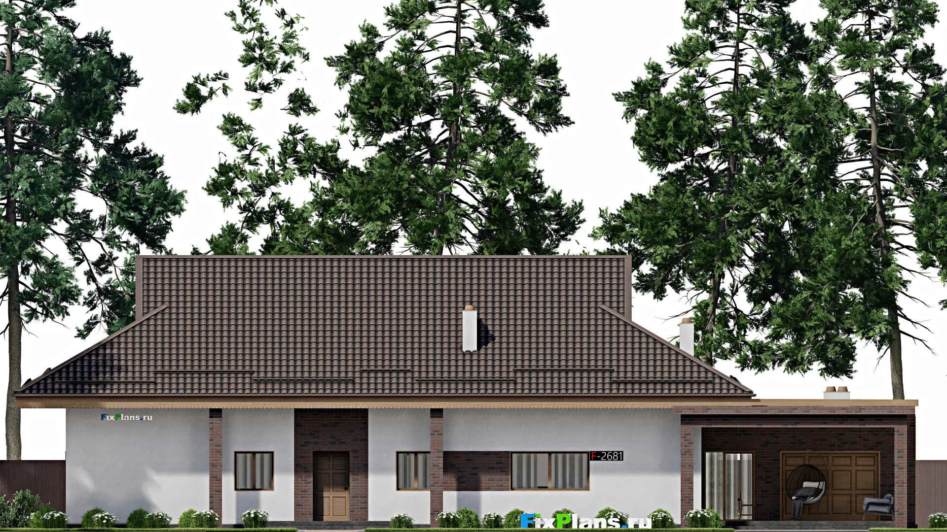 F-2681 - Проект одноэтажного дома 14 на 26, площадью 210 м² с террасой, баней и 2 спальнями