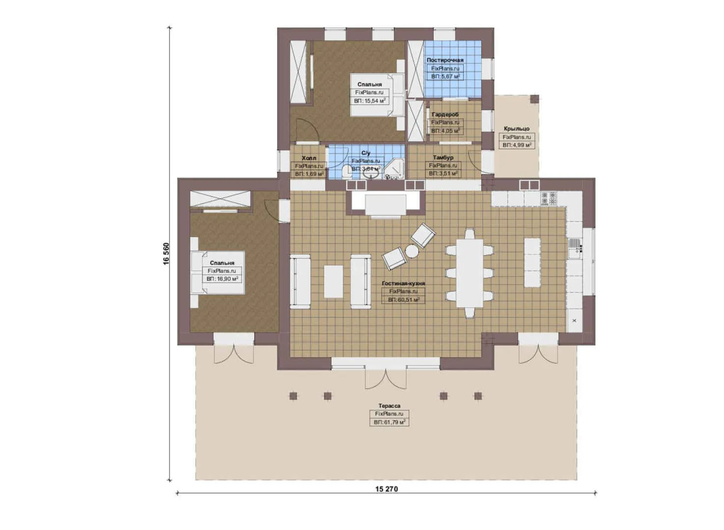 F-16676 - План одноэтажного дома 16 на 17, площадью 180 м² с террасой и 2 спальнями