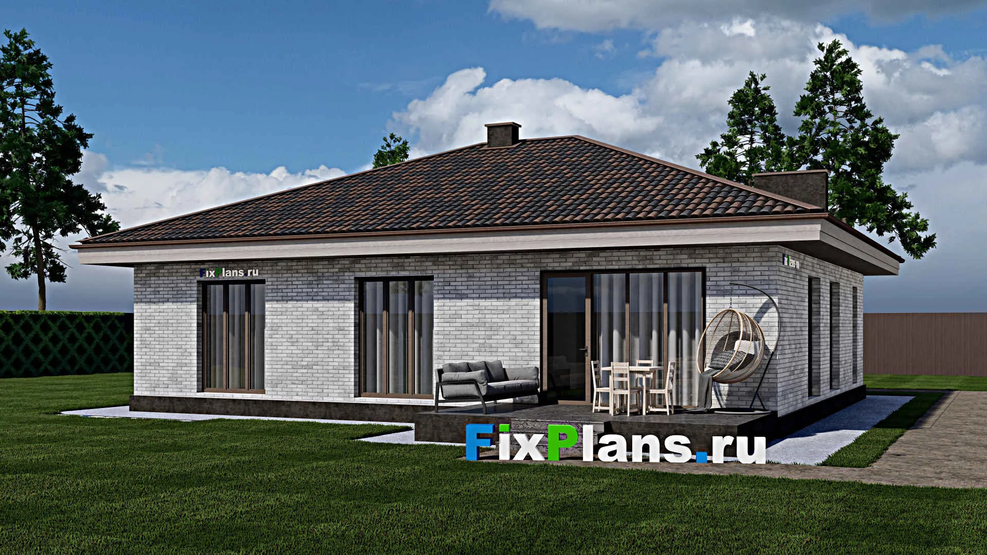 F-1232 - Проект одноэтажного дома 12 на 14, площадью 150 м² с террасой и 3 спальнями