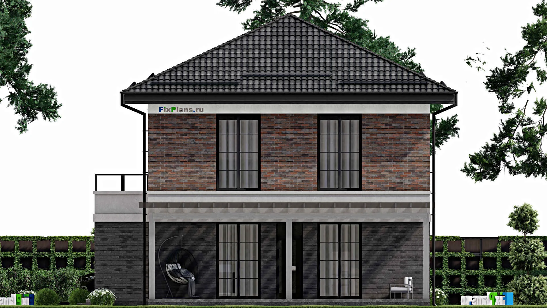 F-2438 - Планы двухэтажного дома 12 на 16, площадью 250 м² с террасой, балконом, гаражом на 1 машину и 4 спальнями