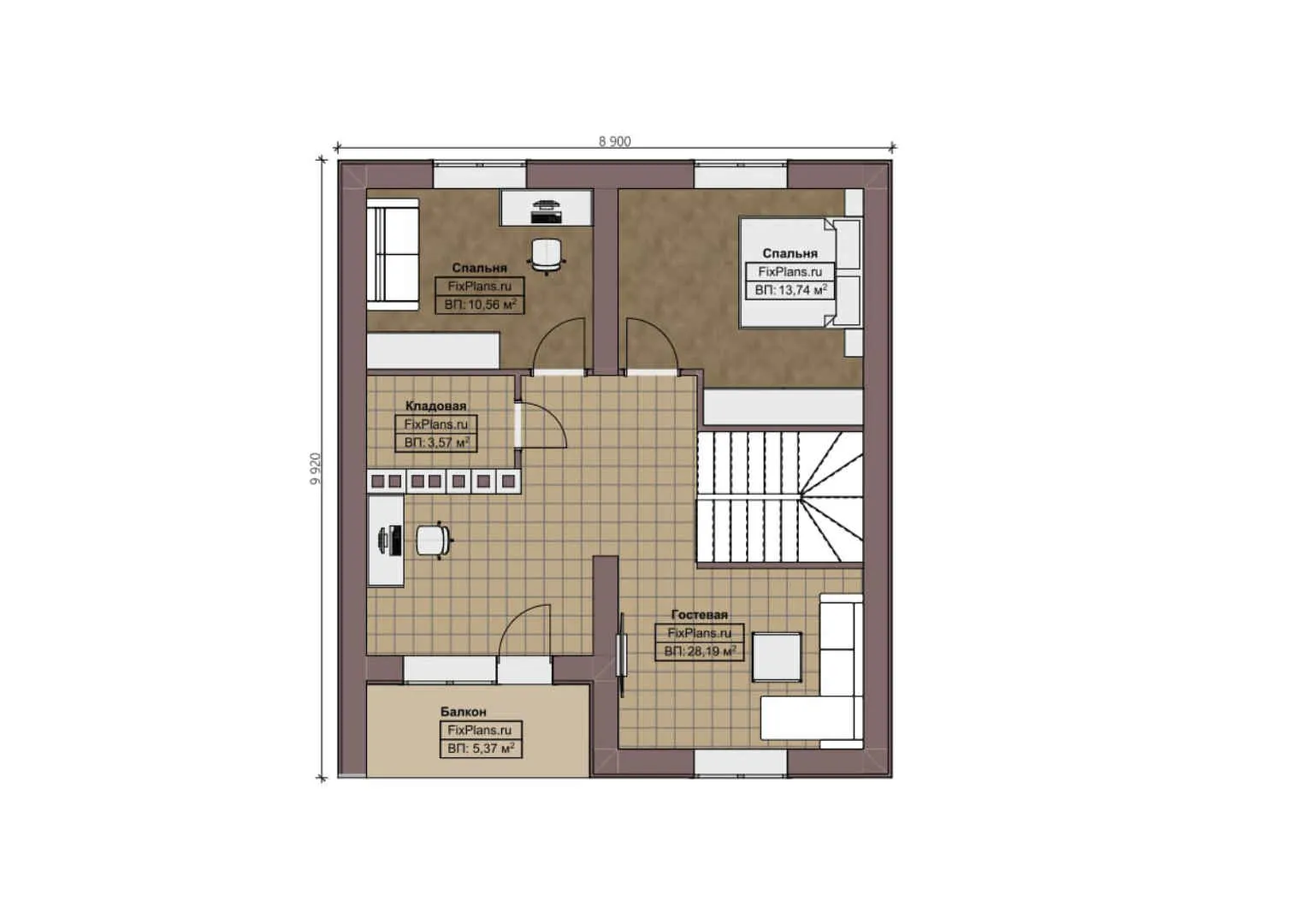 F-1160 - Планы дома с мансардой 9 на 10, площадью 150 м² с террасой, балконом и 3 спальнями