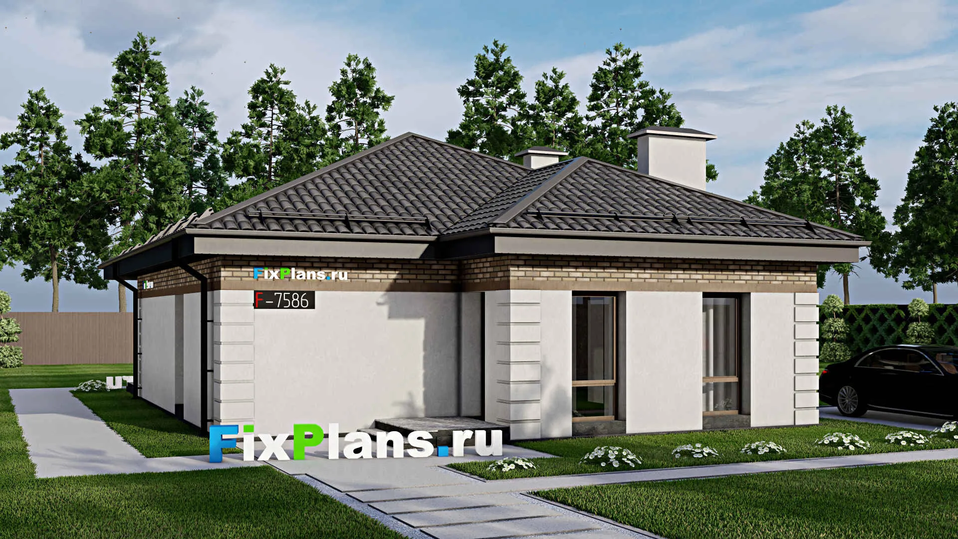 F-7586 - Проект одноэтажного дома 10 на 14, площадью 110 м² с террасой и 2 спальнями