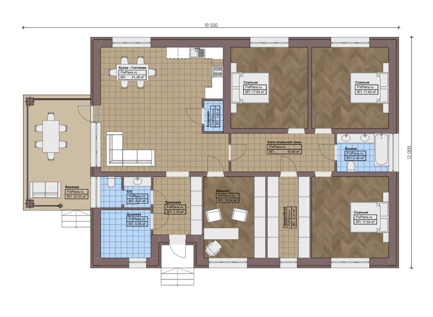 F-0017 - План одноэтажного дома 12 на 20, площадью 180 м² с террасой и 4 спальнями