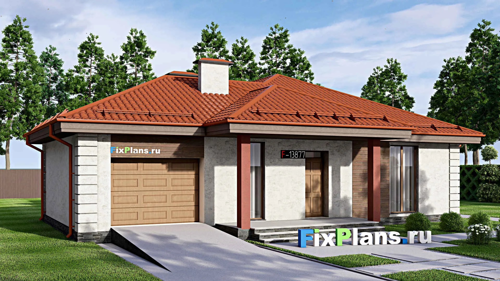 F-13877 - Проект одноэтажного дома 16 на 16, площадью 170 м² с террасой, гаражом на 1 машину и 3 спальнями